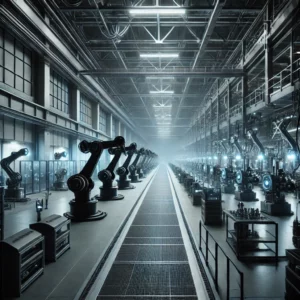 Ciemna fabryka: w pełni zautomatyzowana linia produkcyjna działająca bez udziału człowieka, długa taśma montażowa i dziesiątki lub setki robotów pracujących dla ludzkiego dobra