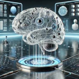 Neurotechnologia i implanty mózgowe: Przyszłość integracji człowieka z technologią, a na obrazie sztuczny mózg w laboratorium podłączony świetlistymi przewodami do matrycy przekazującej informacje do mózgu i z niego