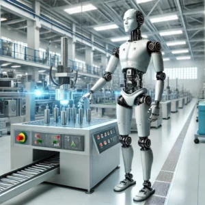 Roboty jak ludzie humanoidalny robot współpracujący z człowiekiem w nowoczesnej fabryce A realistic and slightly futuristic image of a humanoid robot in a modern factory setting. The robot has a human-like form with metallic limbs