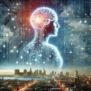 Cyfrowa Inteligencja jako świecąca, syntetyczna istota złożona z danych, połączona z ludzką sylwetką. Tło: miasto algorytmów i sieci neuronowych. Przyszłość umysłu w wersji cyfrowej.