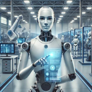 Robot humanoidalny w nowoczesnej fabryce – interakcja z cyfrowym interfejsem, zaawansowana technologia i przemysł przyszłości