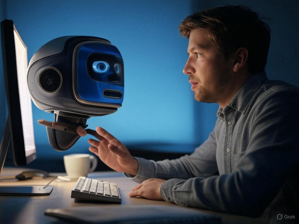 Conversational AI w formie chatbota na ekranie komputera, prowadzącego dialog z użytkownikiem w naturalnym języku.