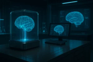 Biokomputery w nowoczesnym laboratorium: holograficzny mózg w szklanej kapsule podłączony do interfejsu komputerowego, monitory z danymi neuronowymi w tle, chłodne niebieskie światło, odbicia na stalowym blacie, futurystyczna atmosfera