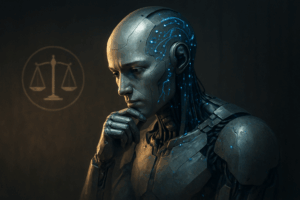 Humanoidalny robot w zamyśleniu, symbolizujący złożone dylematy moralne i etyczne przyszłości w której Świadomość Cyfrowa jest codziennością.